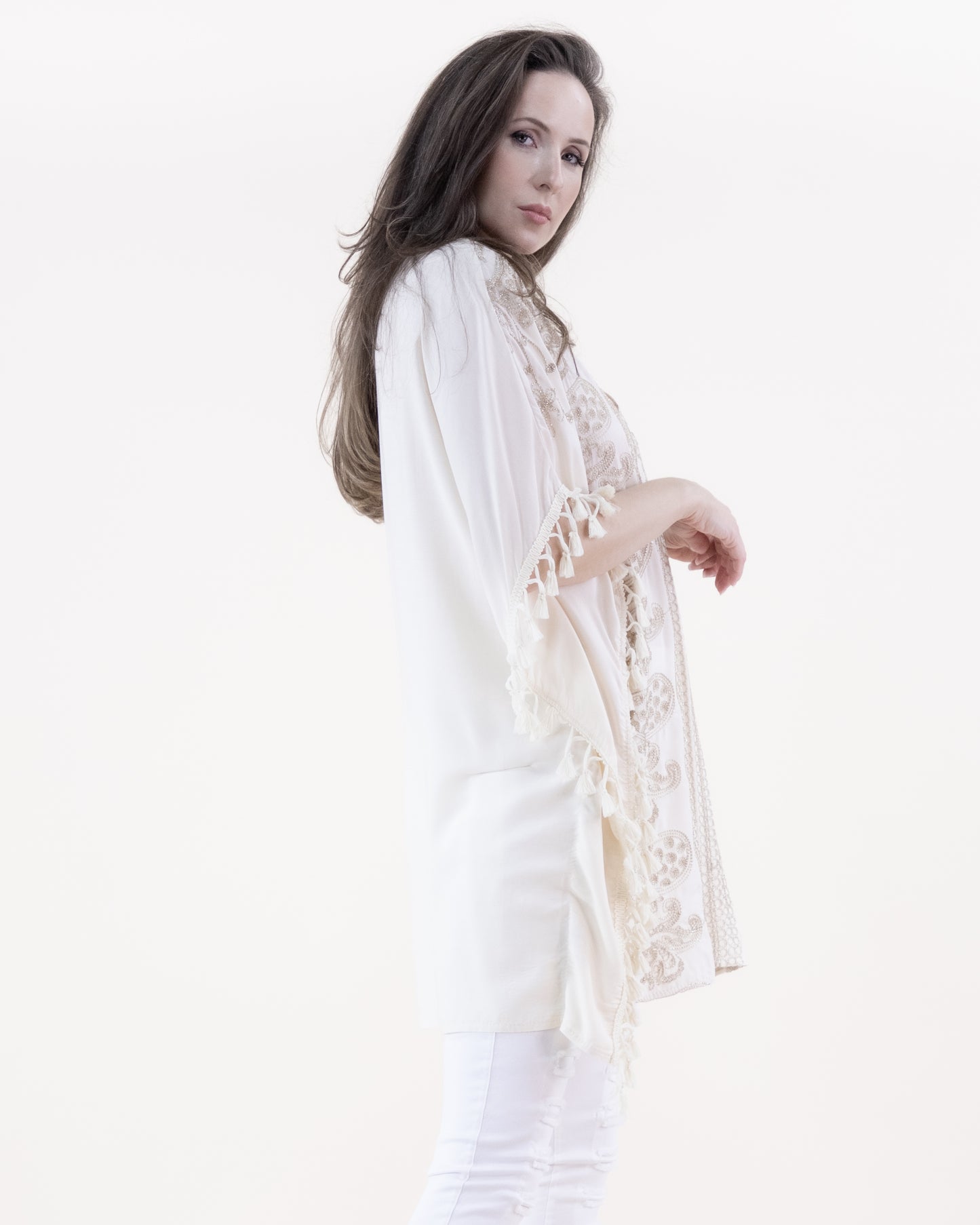 Paisley Floral Embroidered & Tassel Trim V-Neck Kimono Sleeve Top