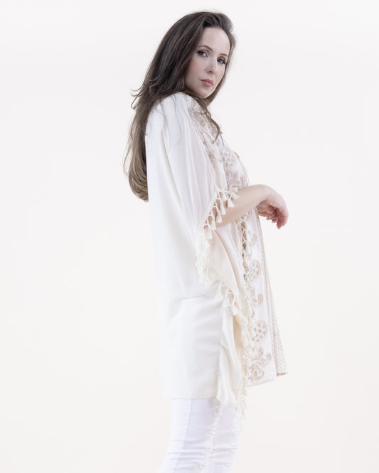 Paisley Floral Embroidered & Tassel Trim V-Neck Kimono Sleeve Top