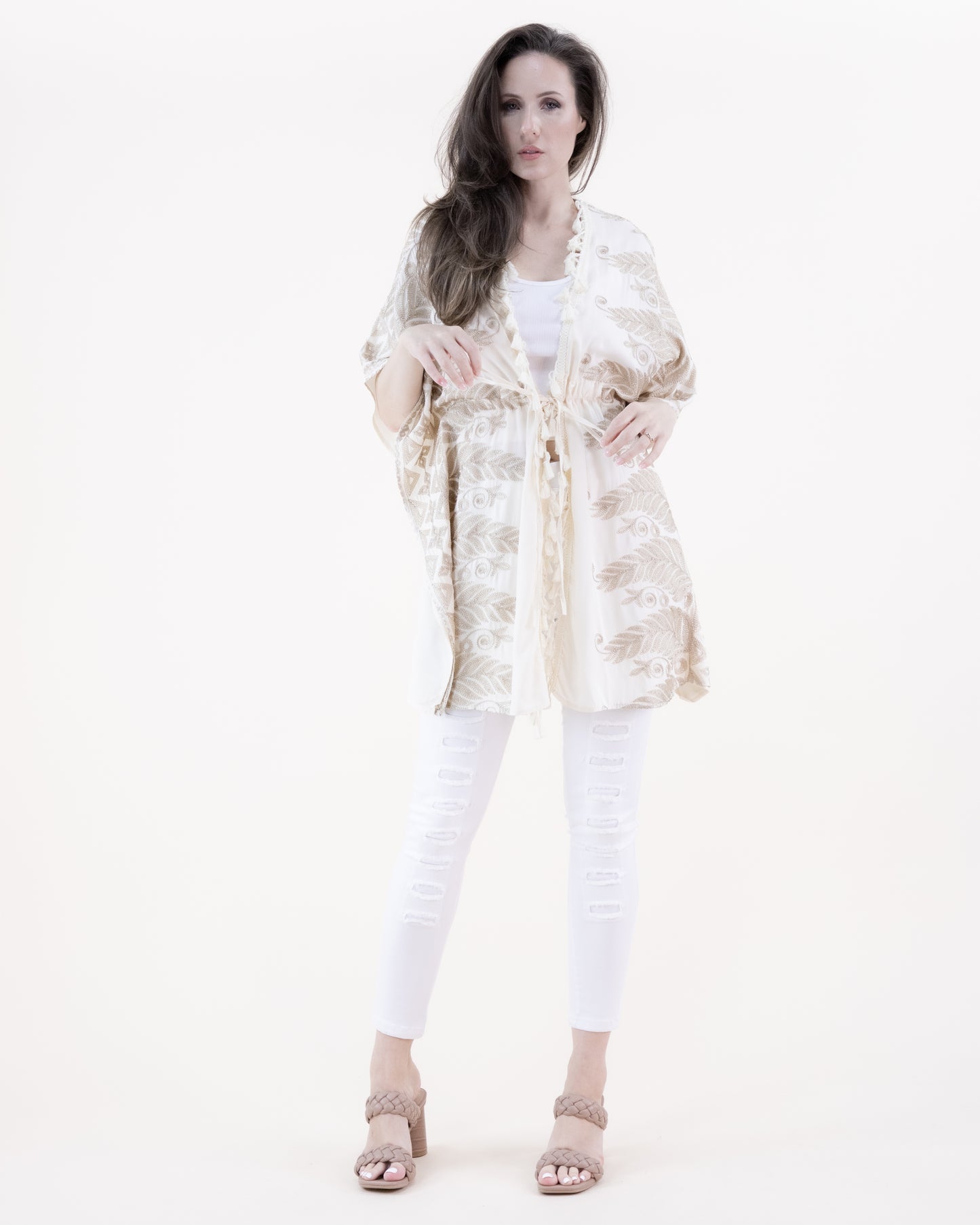 Leaf Embroidered & Tassel Trim Front Tie Kimono