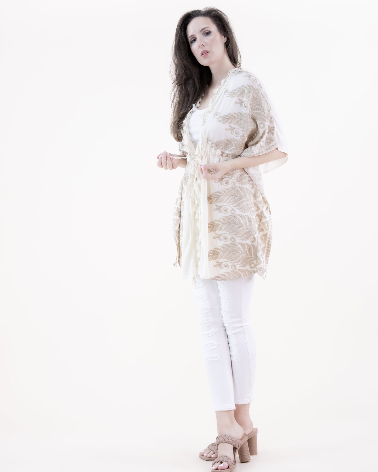 Leaf Embroidered & Tassel Trim Front Tie Kimono