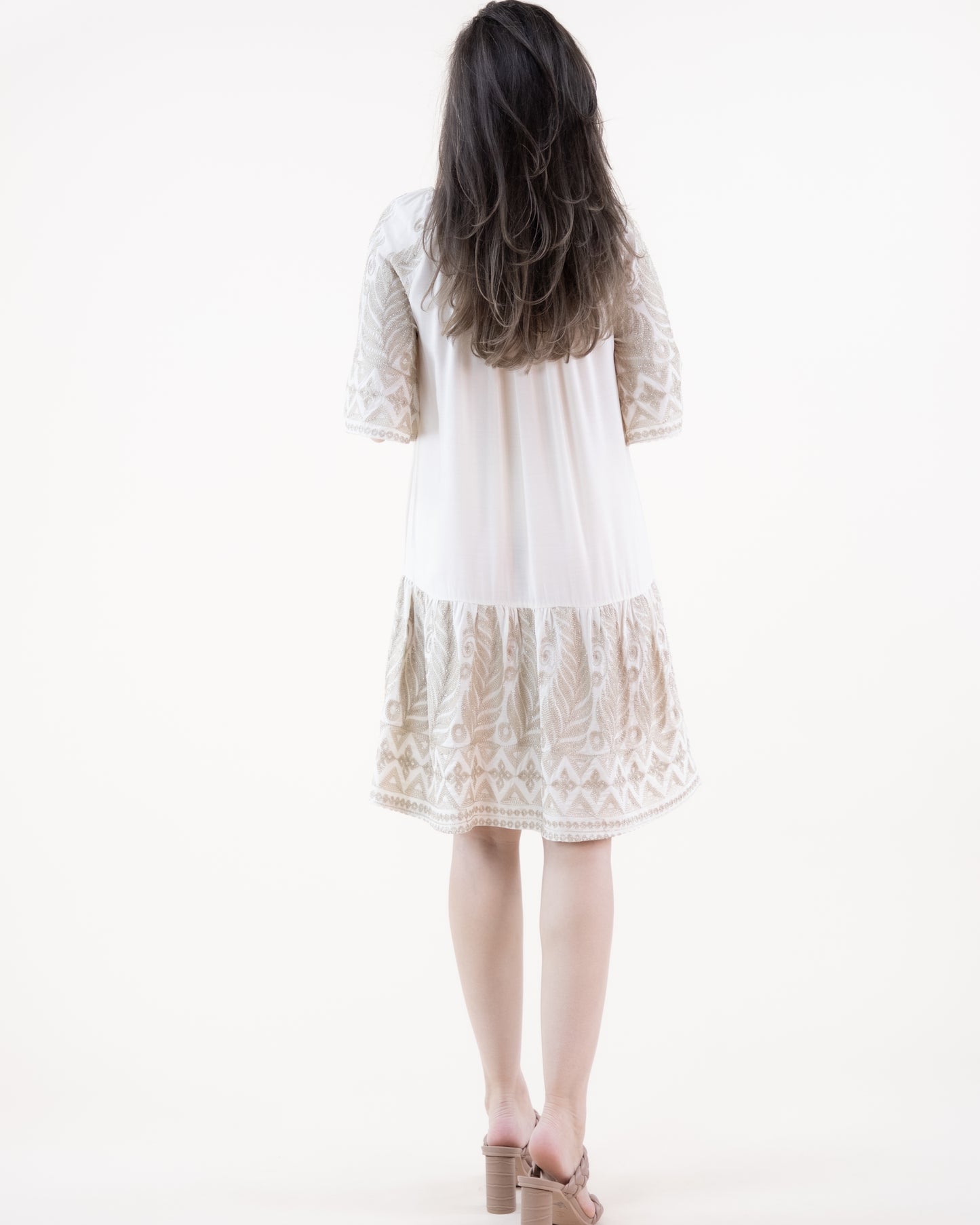 Leaf Embroidered & Tassel Trim Off Shoulder Bell Sleeve Tent Dress