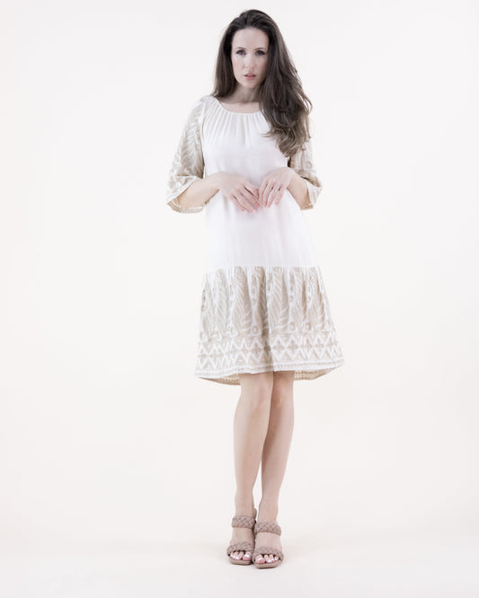 Leaf Embroidered & Tassel Trim Off Shoulder Bell Sleeve Tent Dress