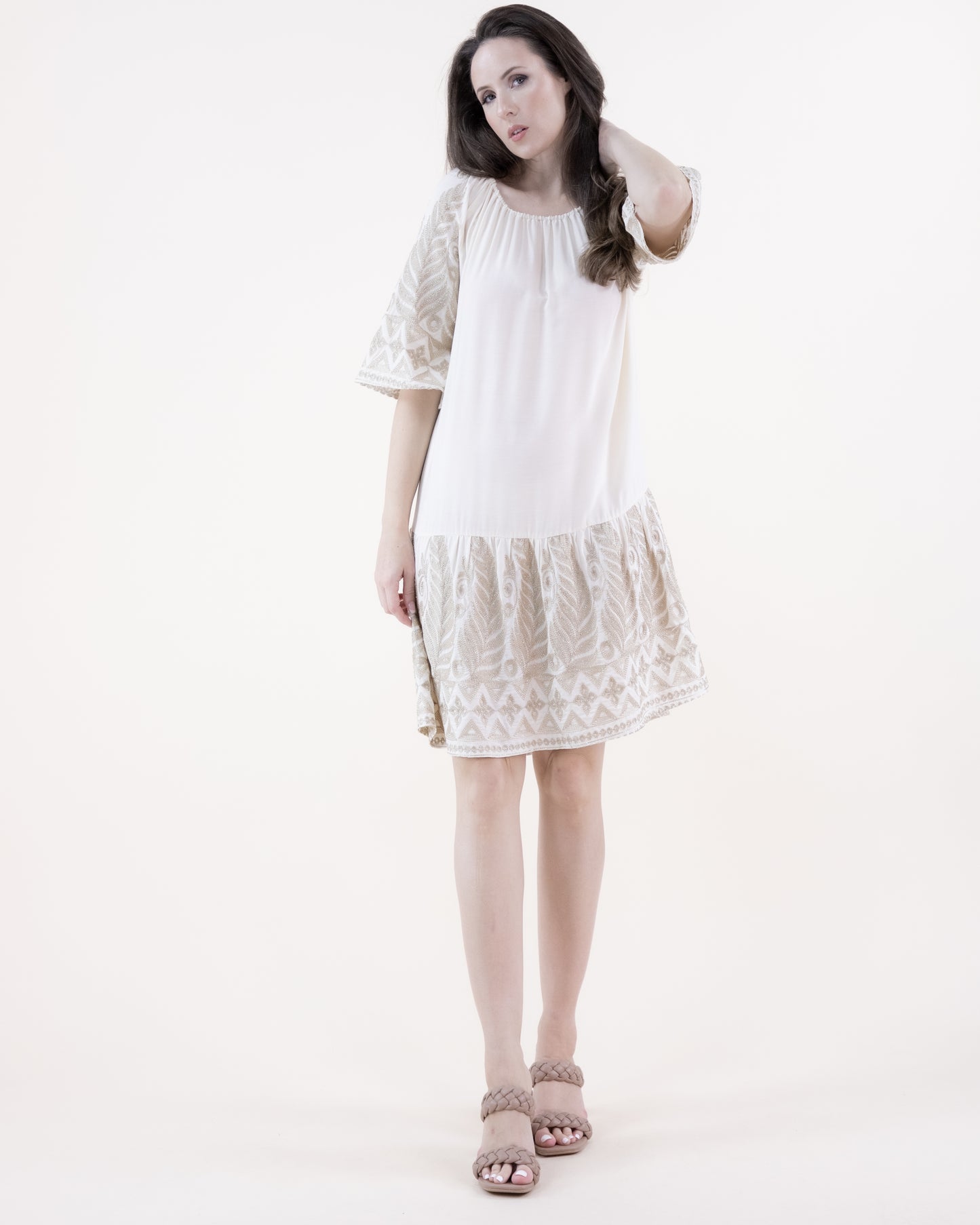 Leaf Embroidered & Tassel Trim Off Shoulder Bell Sleeve Tent Dress