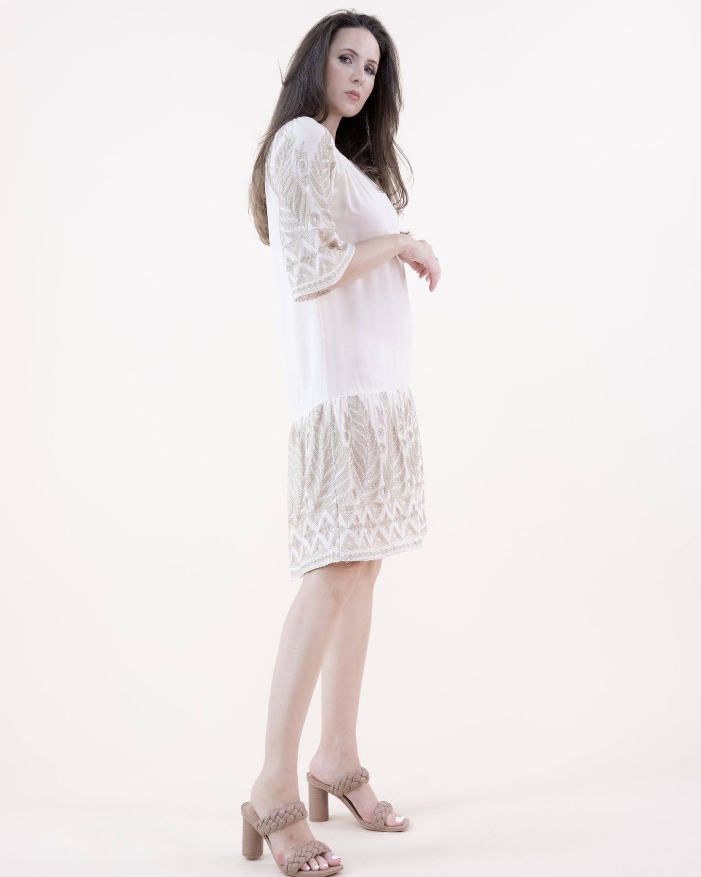 Leaf Embroidered & Tassel Trim Off Shoulder Bell Sleeve Tent Dress