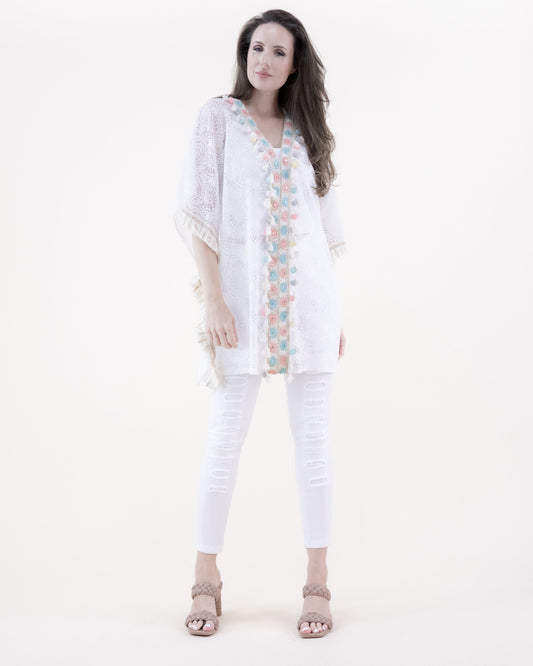 V-Neck Lace & Color Tassel Trim Kimono