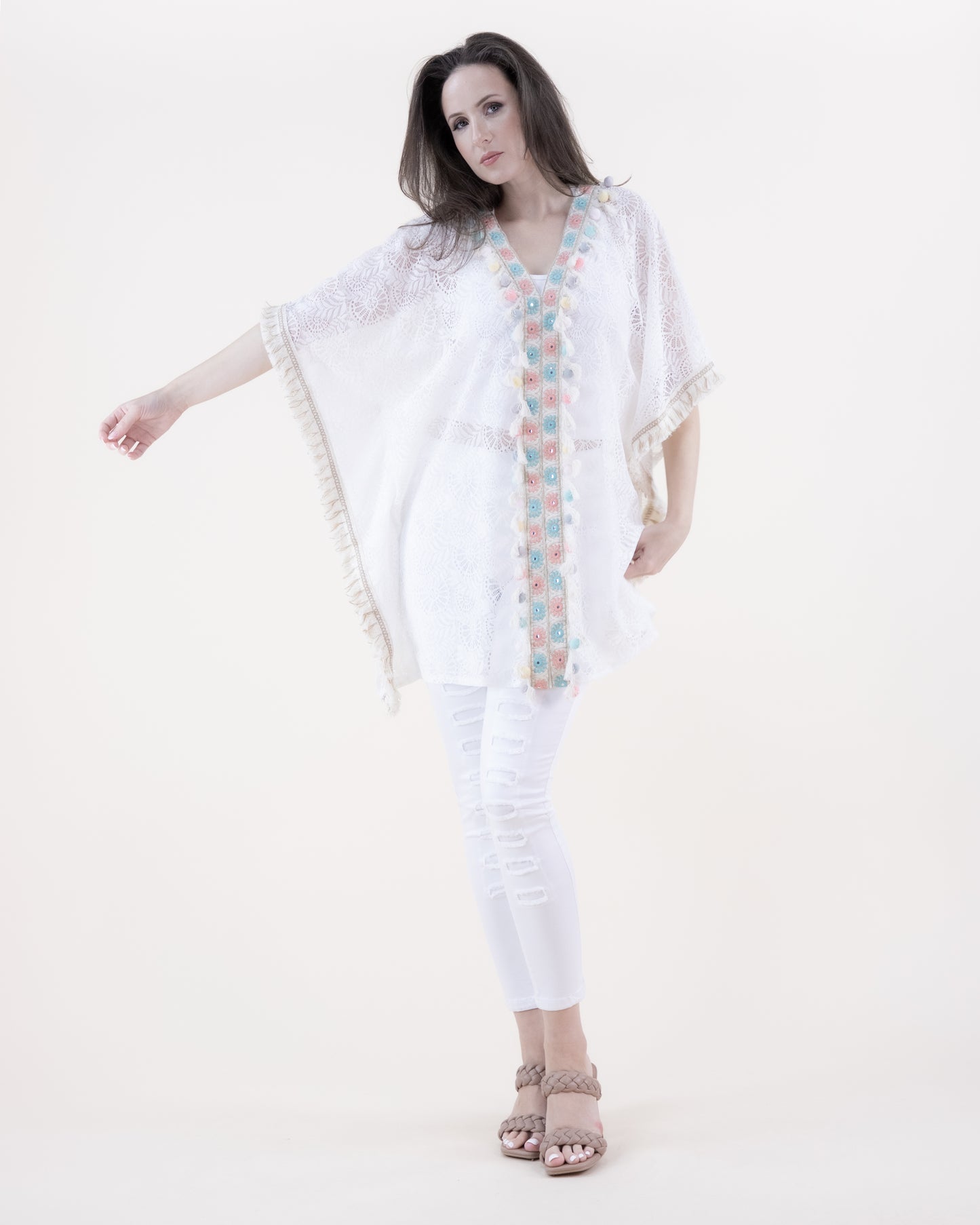 V-Neck Lace & Color Tassel Trim Kimono