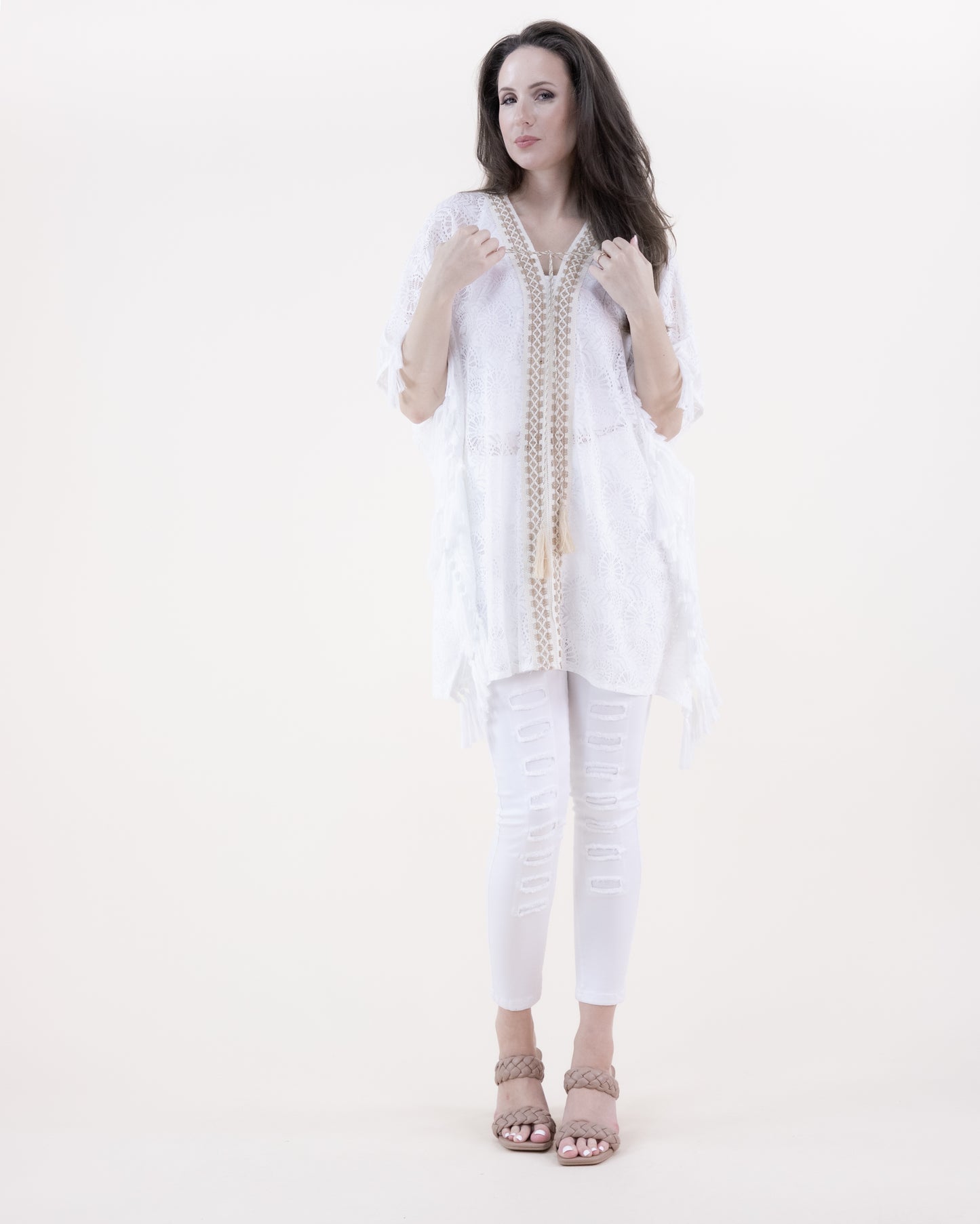 V-Neck Lace & Tassel Trim Kimono