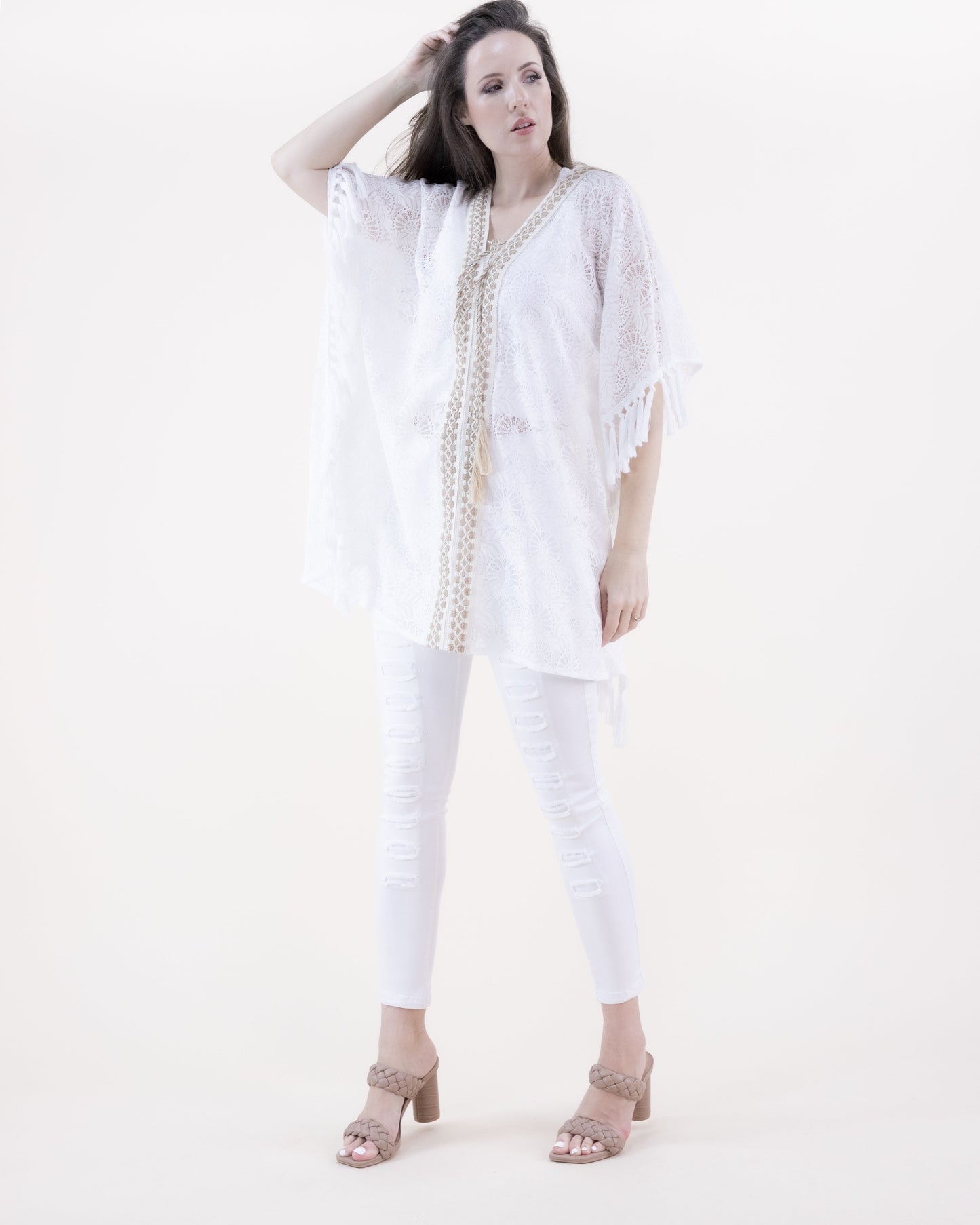 V-Neck Lace & Tassel Trim Kimono