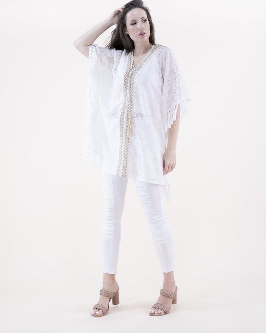 V-Neck Lace & Tassel Trim Kimono