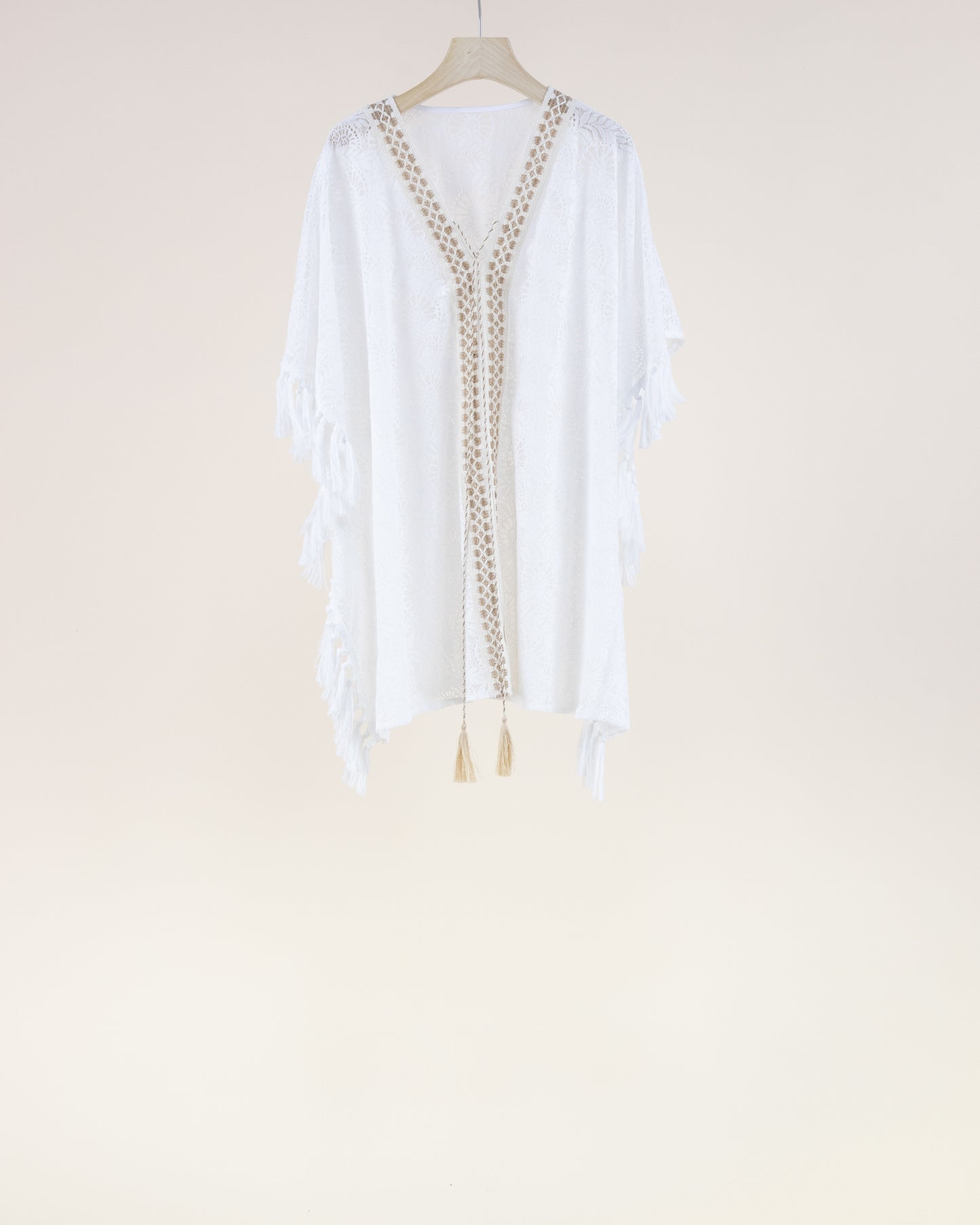 V-Neck Lace & Tassel Trim Kimono