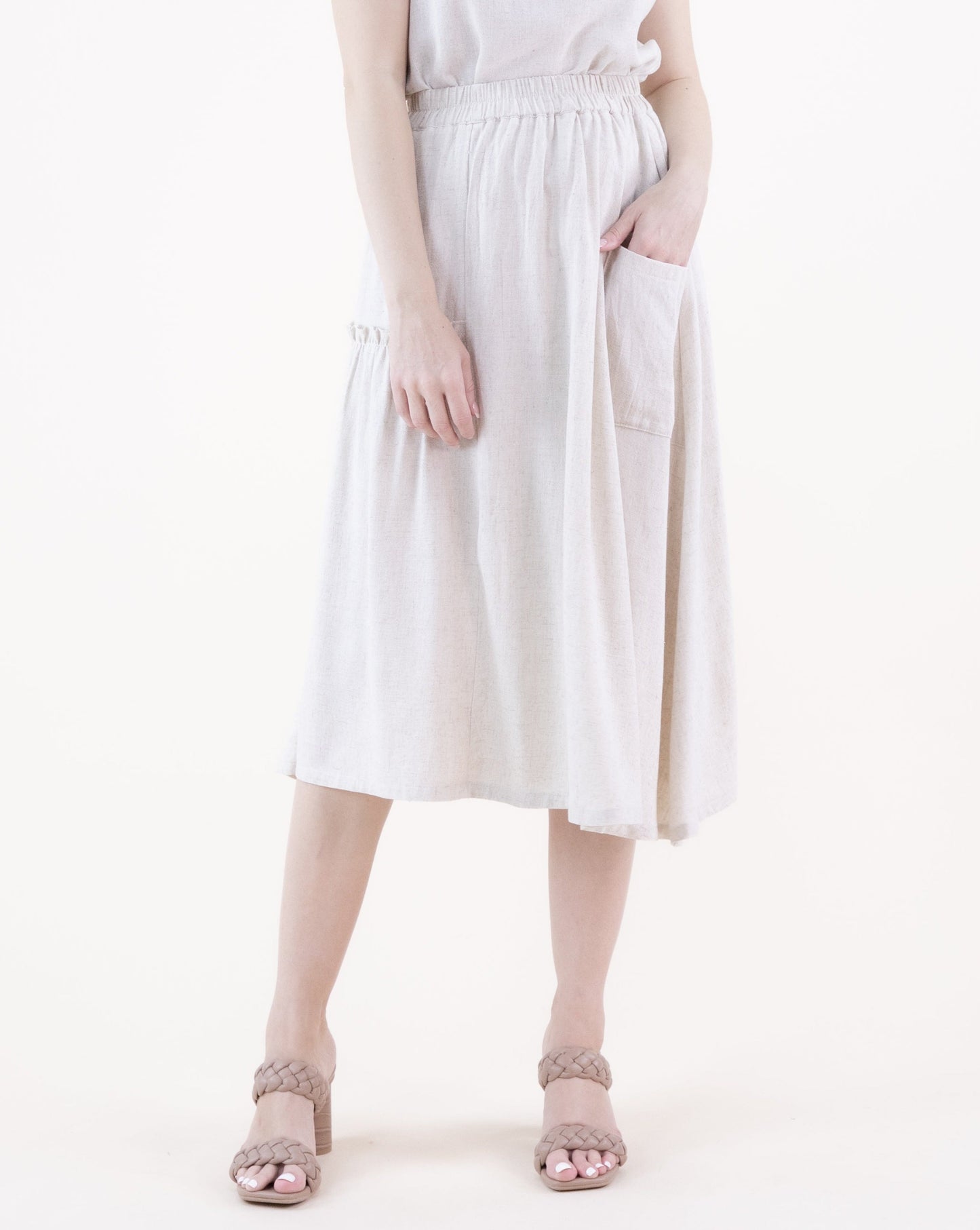 Cotton Linen Side Ruffle & Pocket Maxi Skirt