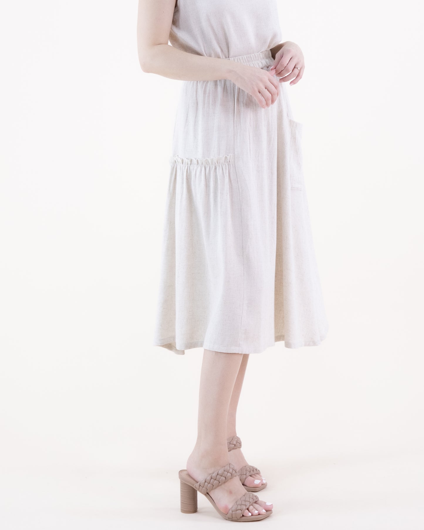 Cotton Linen Side Ruffle & Pocket Maxi Skirt