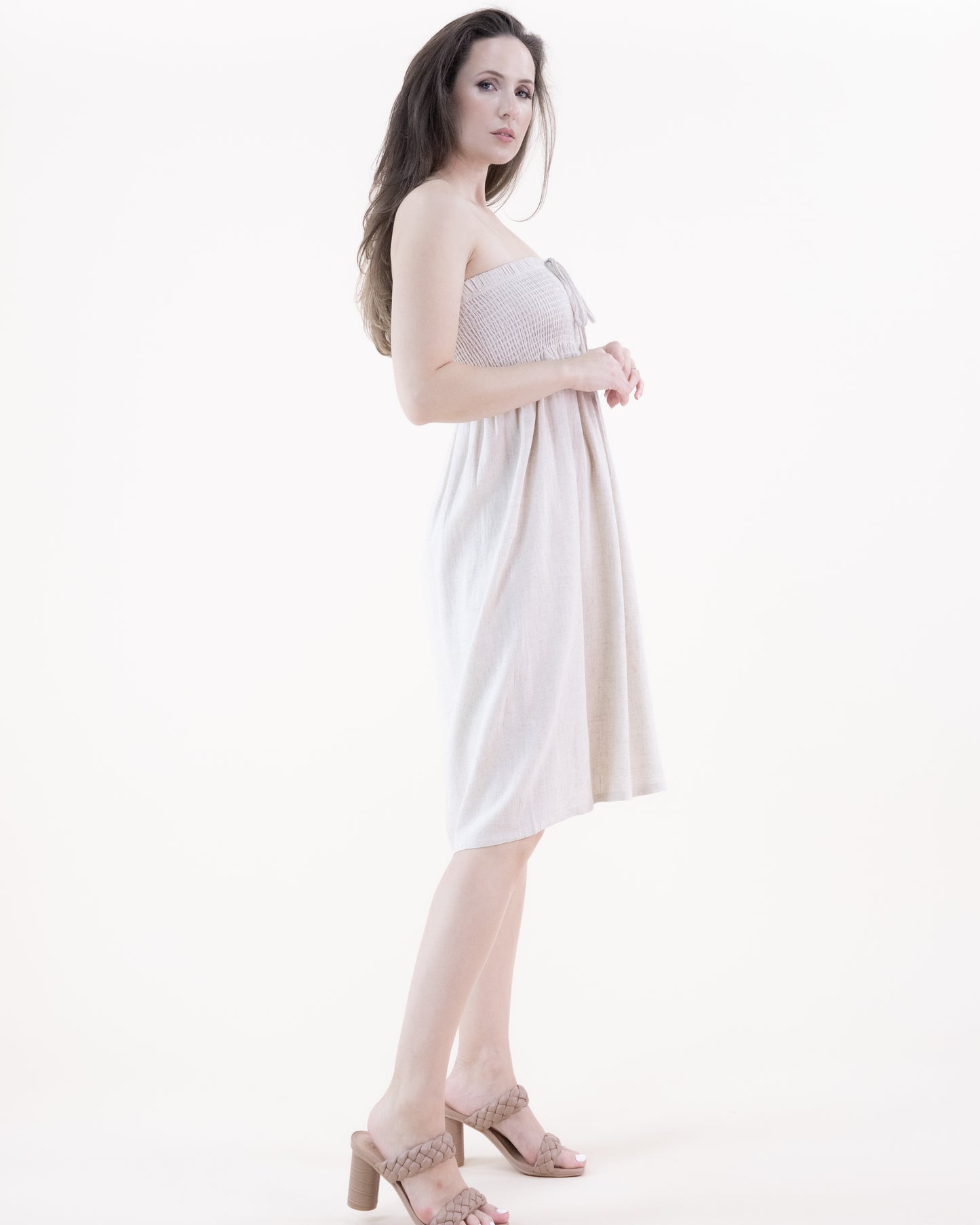 Cotton Linen Shirred Top Midi Dress