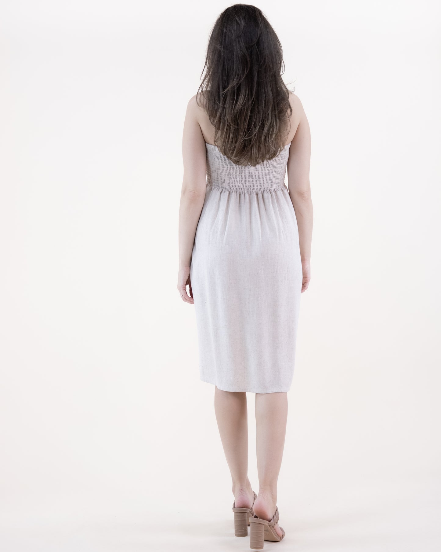 Cotton Linen Shirred Top Midi Dress