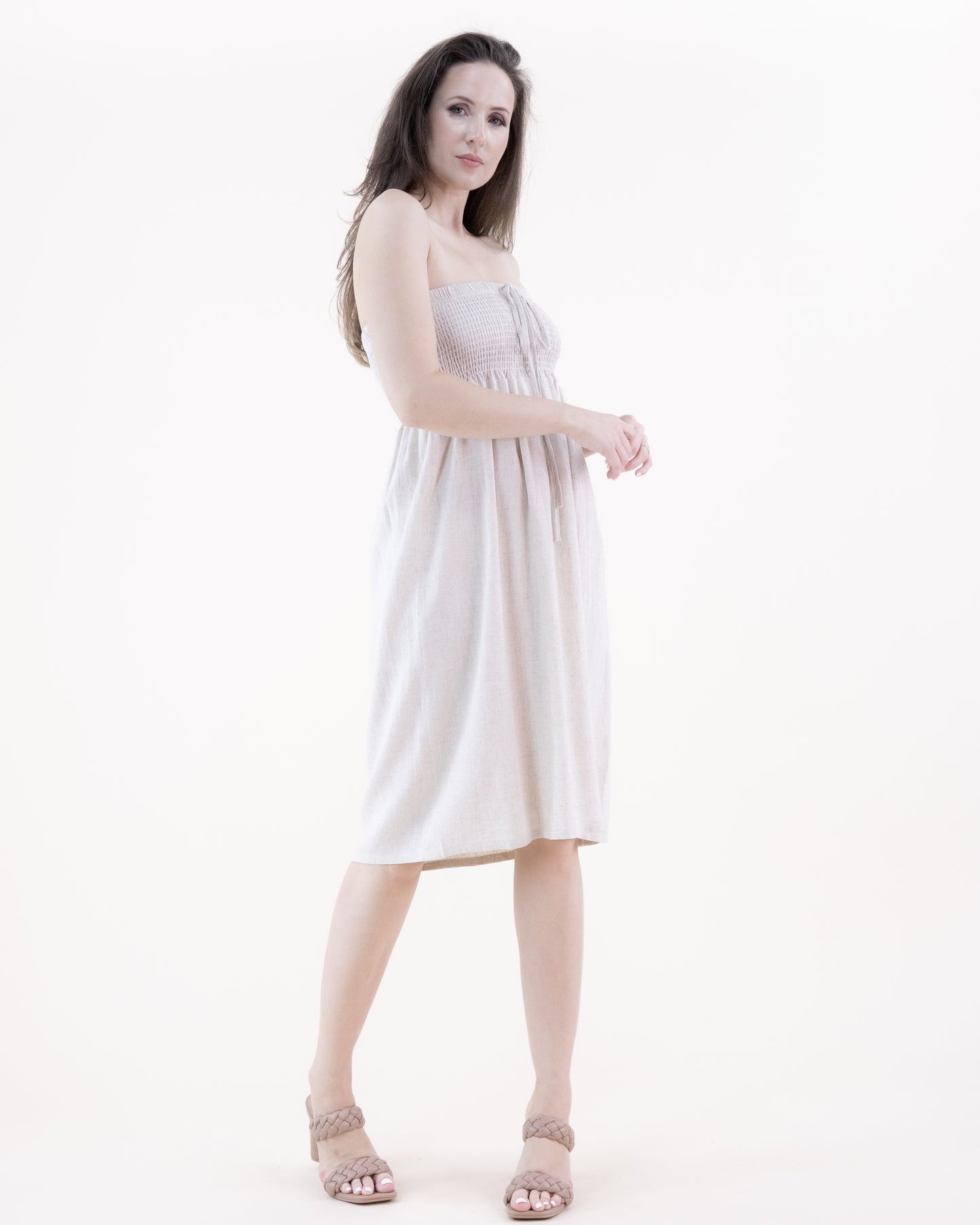 Cotton Linen Shirred Top Midi Dress
