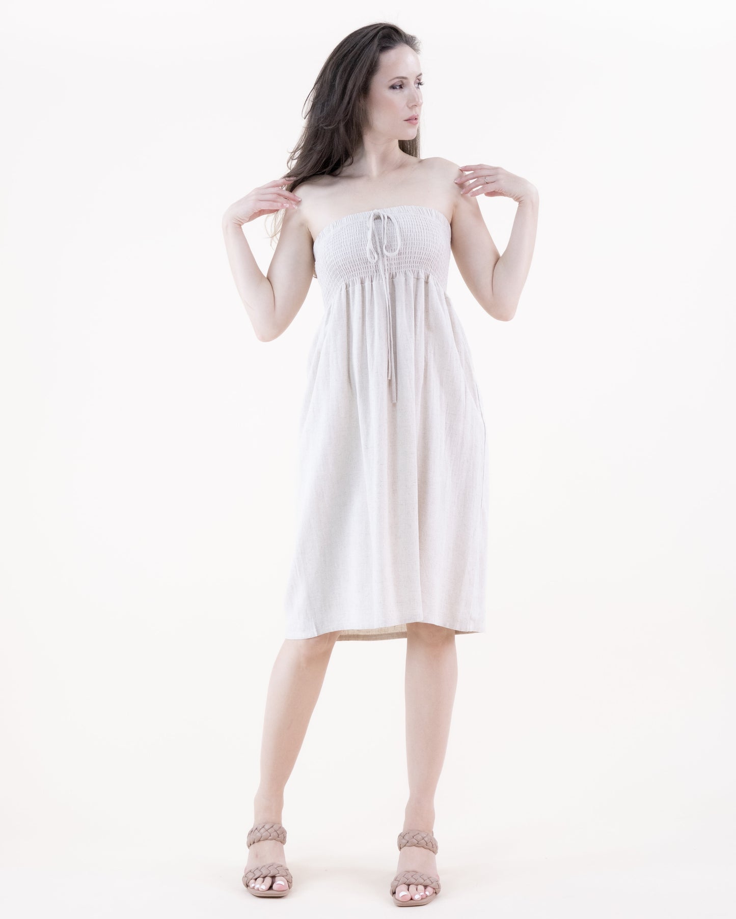 Cotton Linen Shirred Top Midi Dress