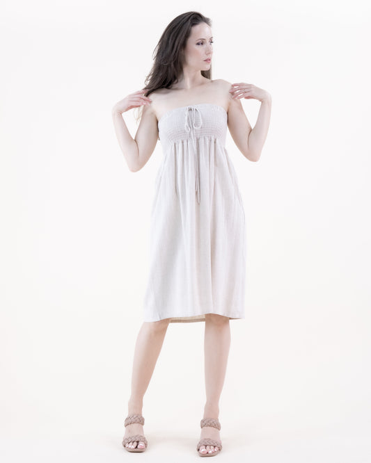 Cotton Linen Shirred Top Midi Dress