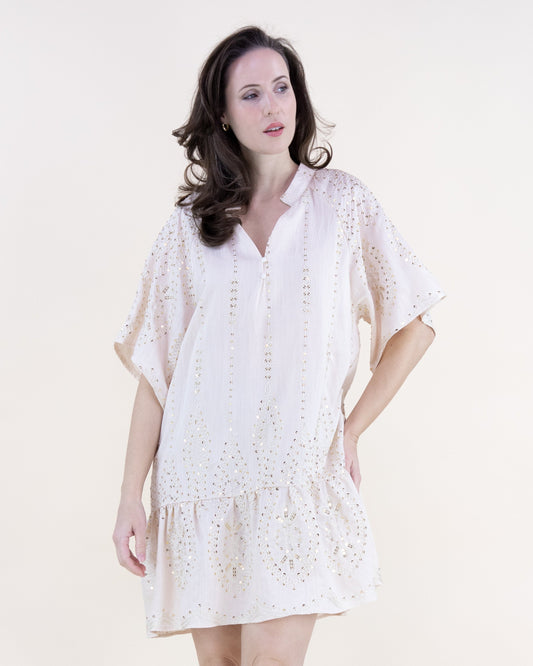 Pinstripe Embroidered Sequin Drop Waist Mini Dress