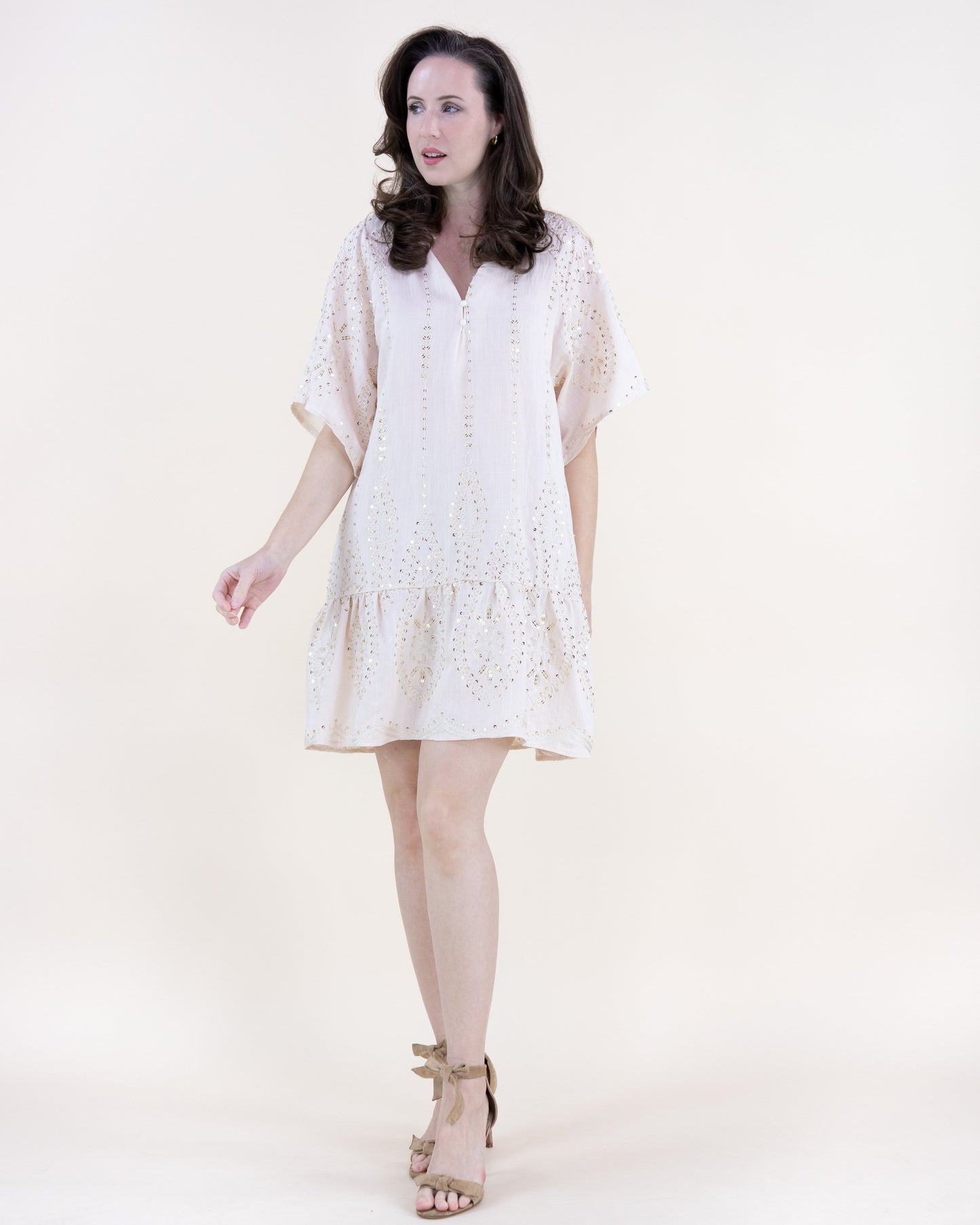 Pinstripe Embroidered Sequin Drop Waist Mini Dress