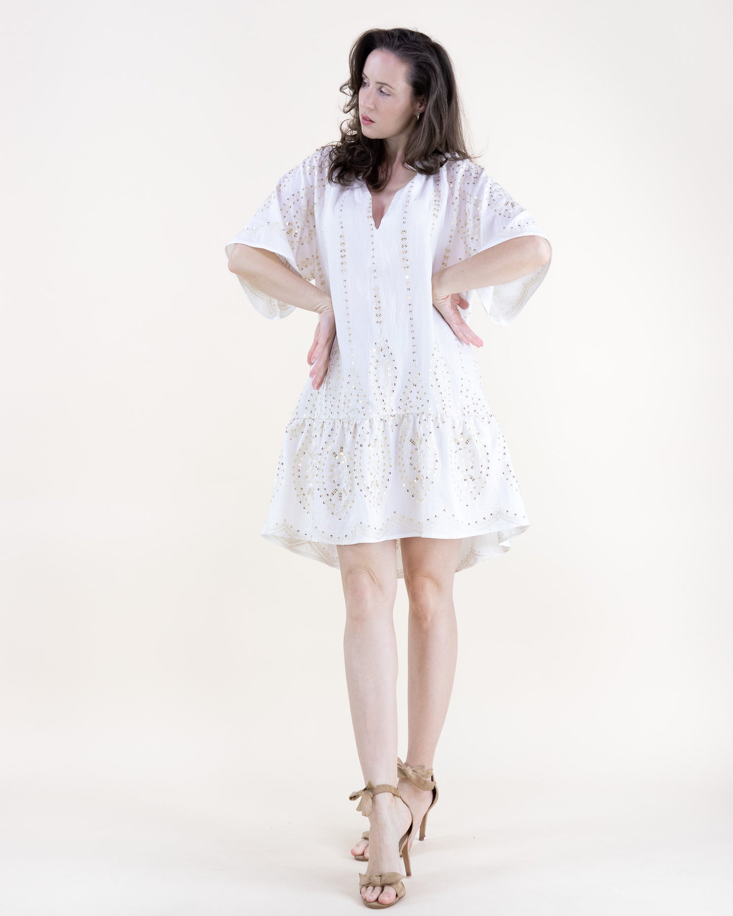 Pinstripe Embroidered Sequin Drop Waist Mini Dress