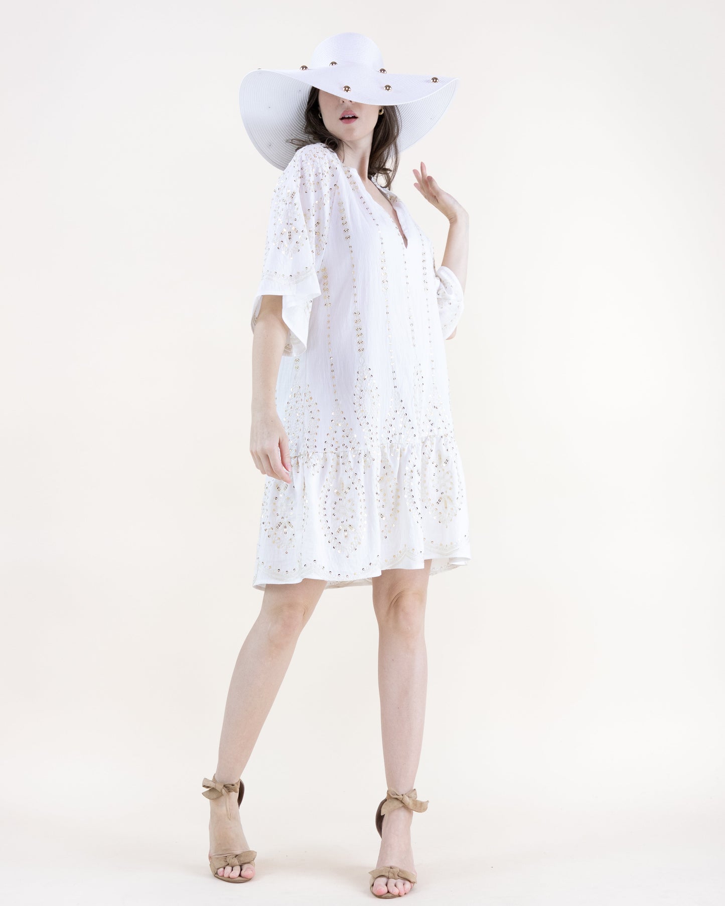 Pinstripe Embroidered Sequin Drop Waist Mini Dress