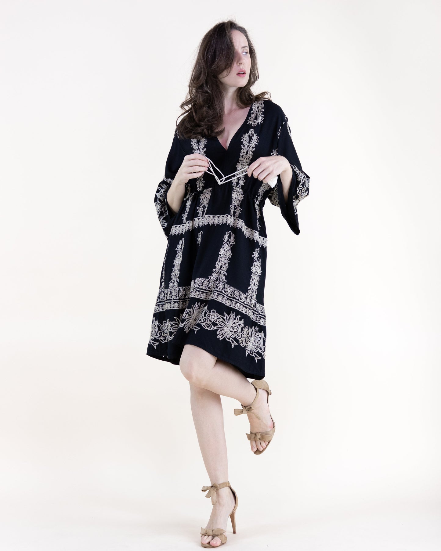 Boho Damask Motif Embroidered Drop Waist Mini Dress