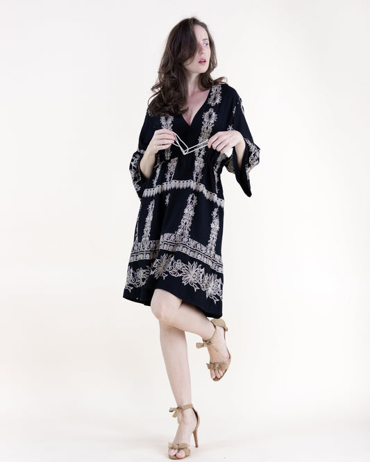 Boho Damask Motif Embroidered Drop Waist Mini Dress