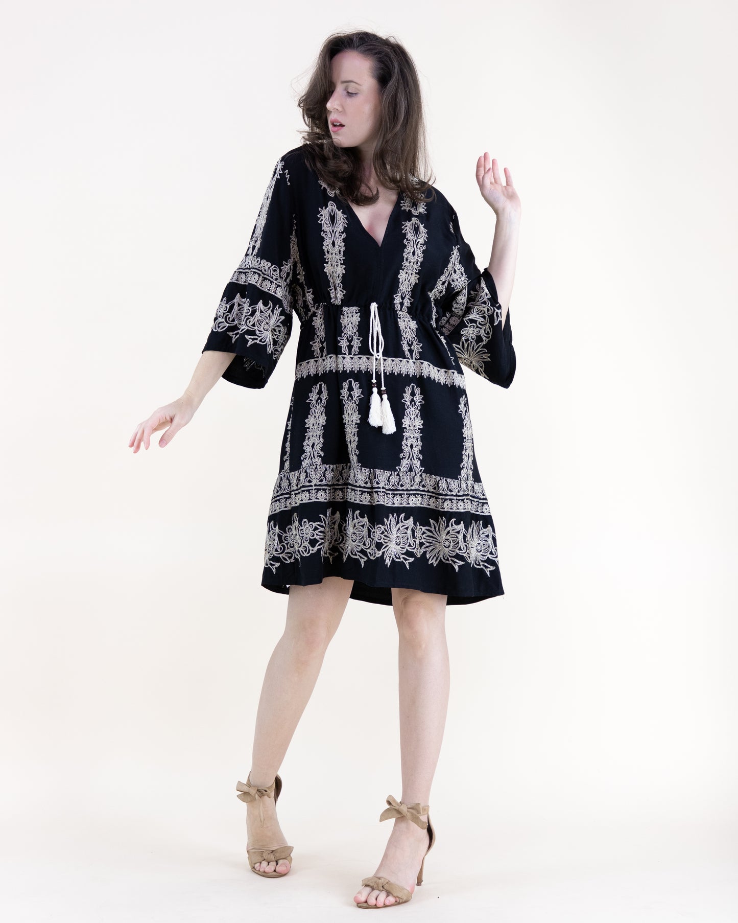 Boho Damask Motif Embroidered Drop Waist Mini Dress