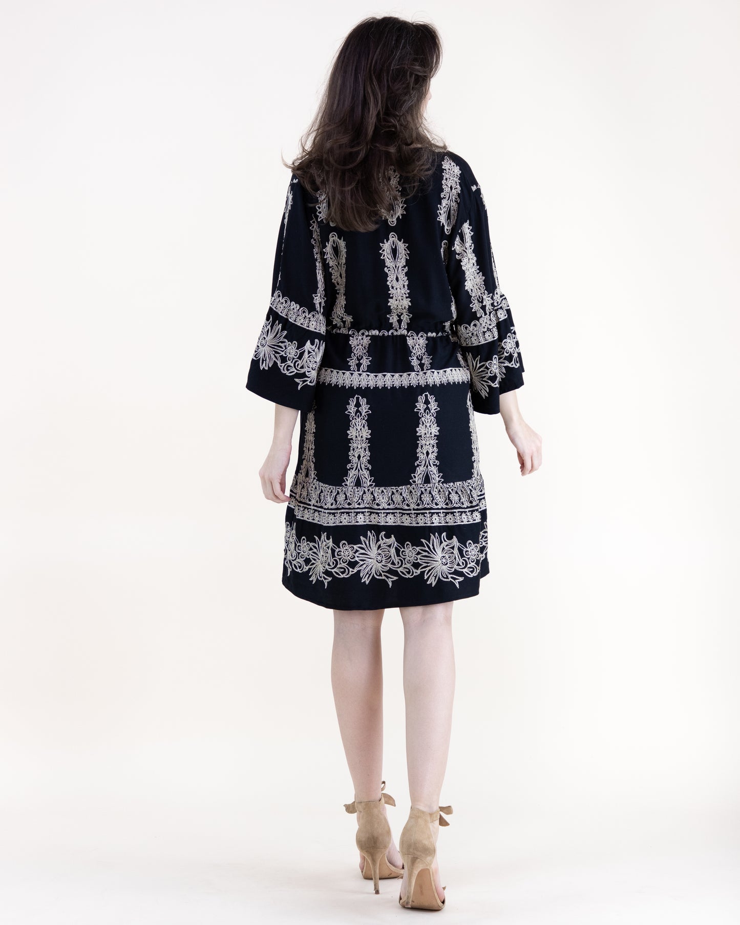 Boho Damask Motif Embroidered Drop Waist Mini Dress