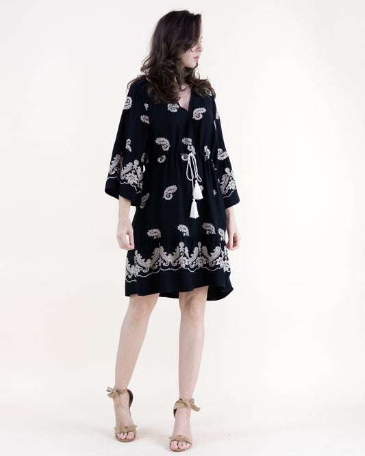 Boho Paisley Motif Embroidered Drop Waist Mini Dress