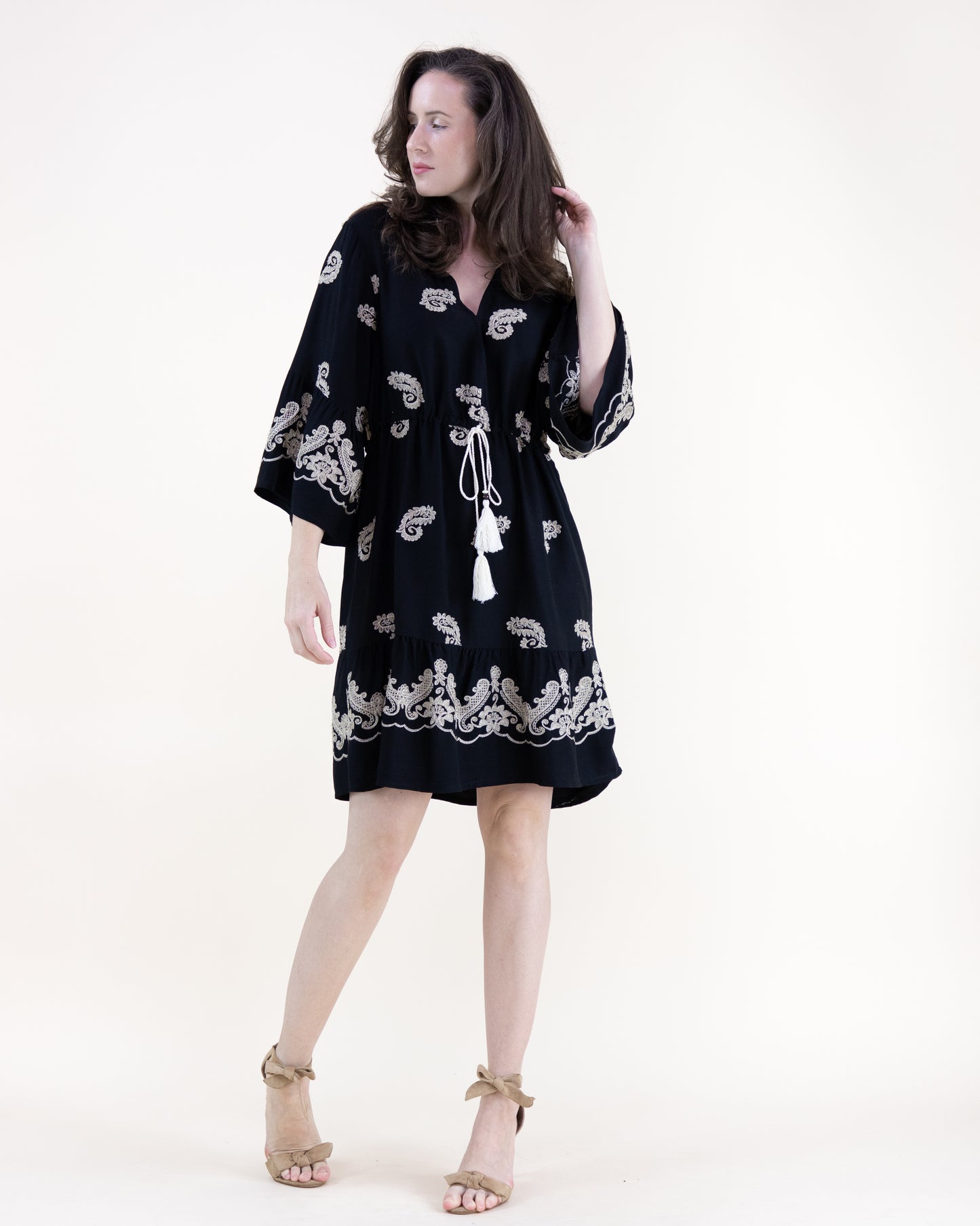 Boho Paisley Motif Embroidered Drop Waist Mini Dress