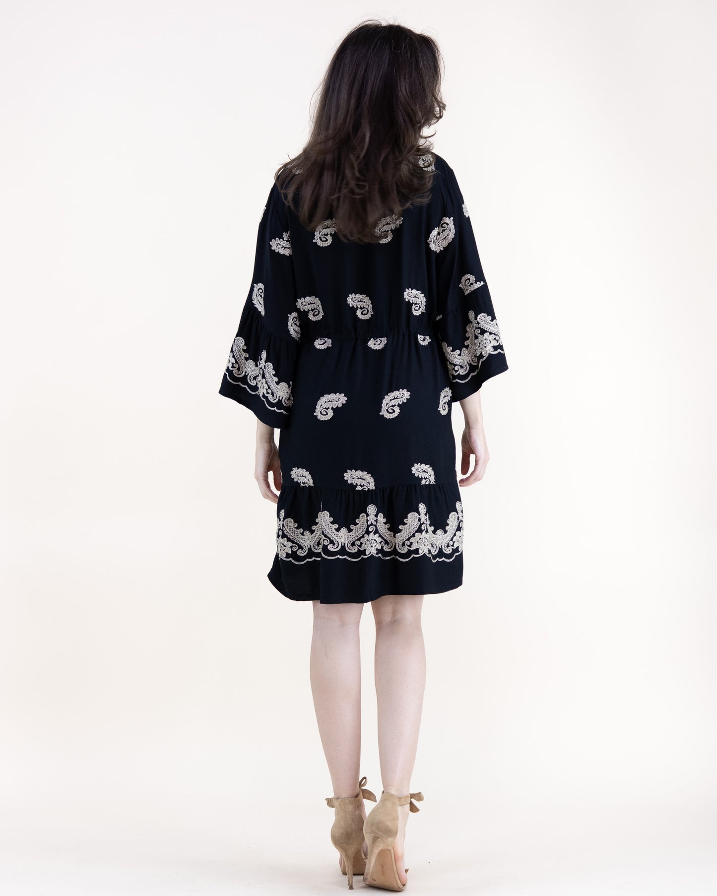 Boho Paisley Motif Embroidered Drop Waist Mini Dress