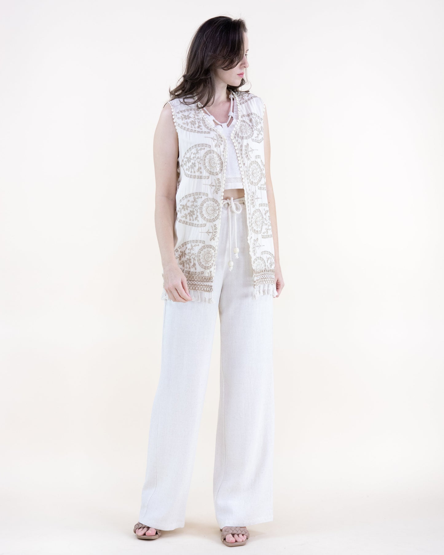 Royal Damask Embroidered Tassel Trim Open Front Vest