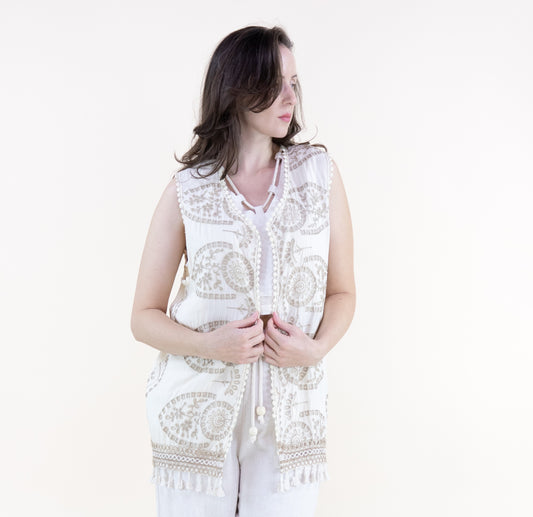 Royal Damask Embroidered Tassel Trim Open Front Vest