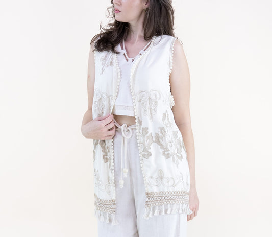 Chateau Damask Embroidered Tassel Trim Open Front Vest