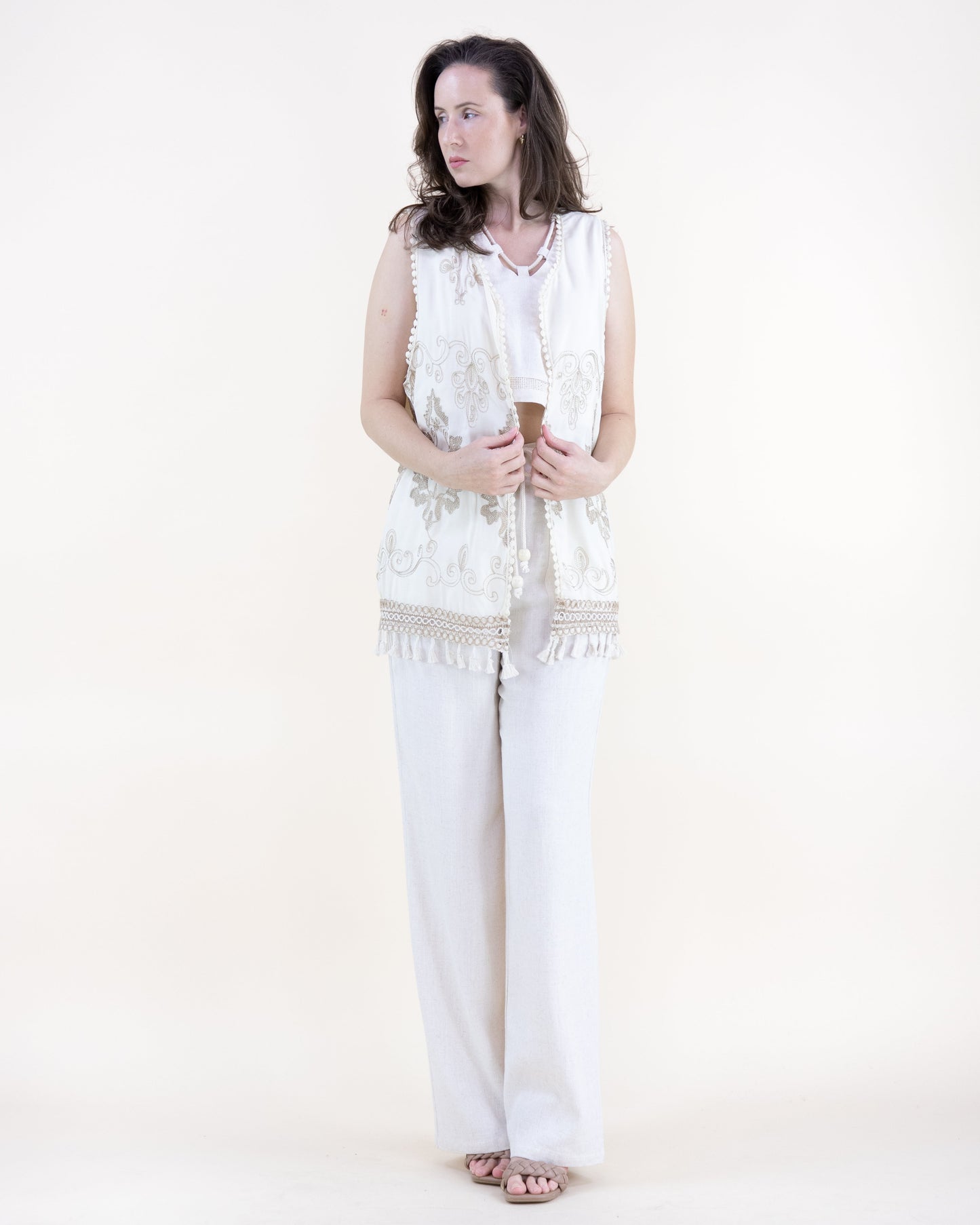 Chateau Damask Embroidered Tassel Trim Open Front Vest