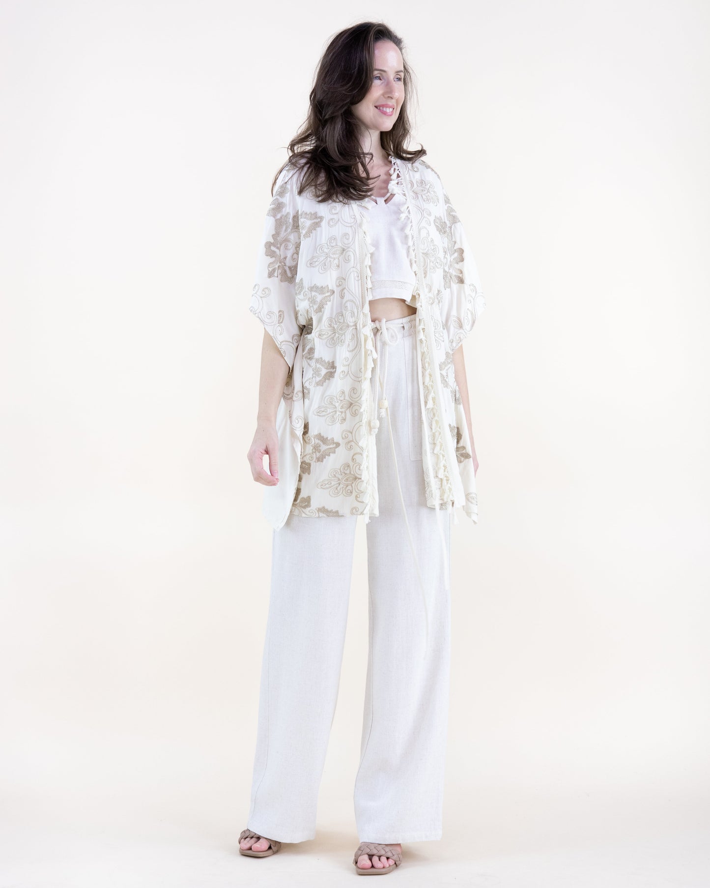 Garden Damask Embroidered Tassel Trim Open Front Vest