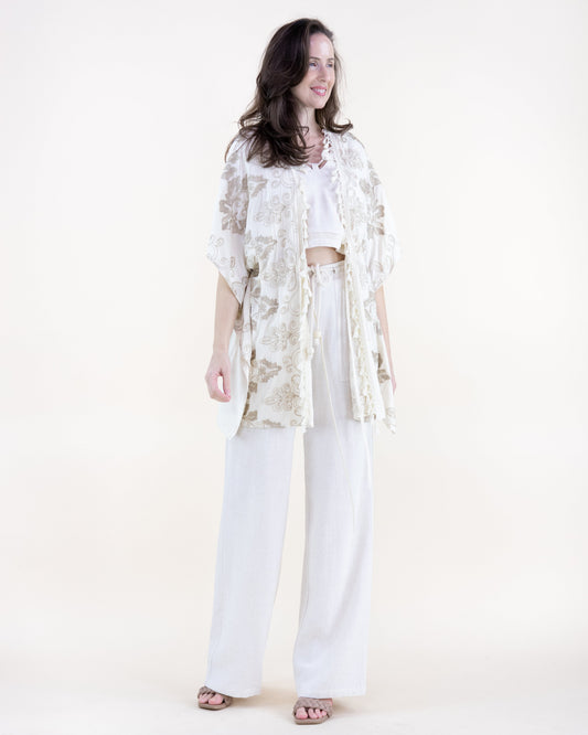 Garden Damask Embroidered Tassel Trim Open Front Vest