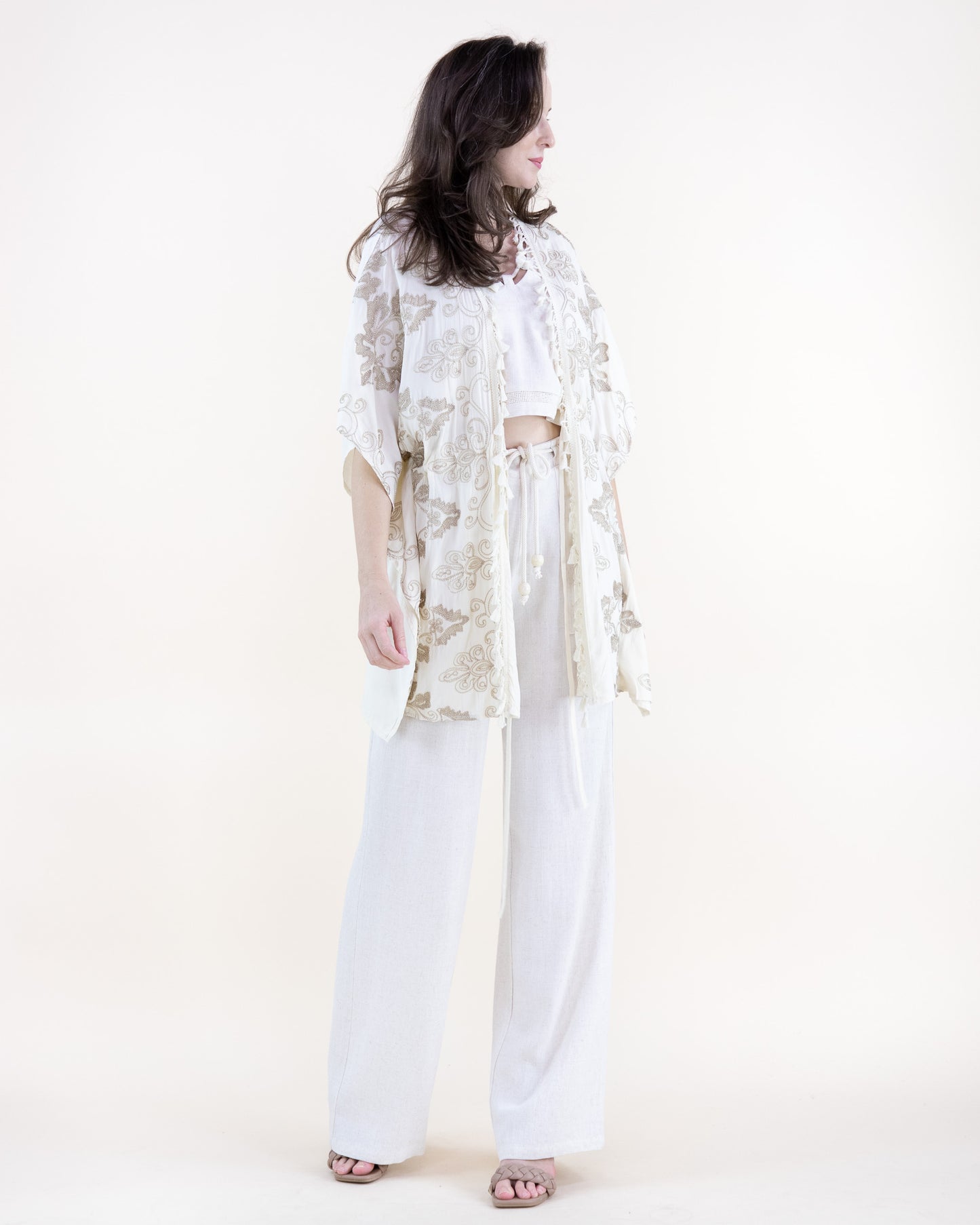 Garden Damask Embroidered Tassel Trim Open Front Vest