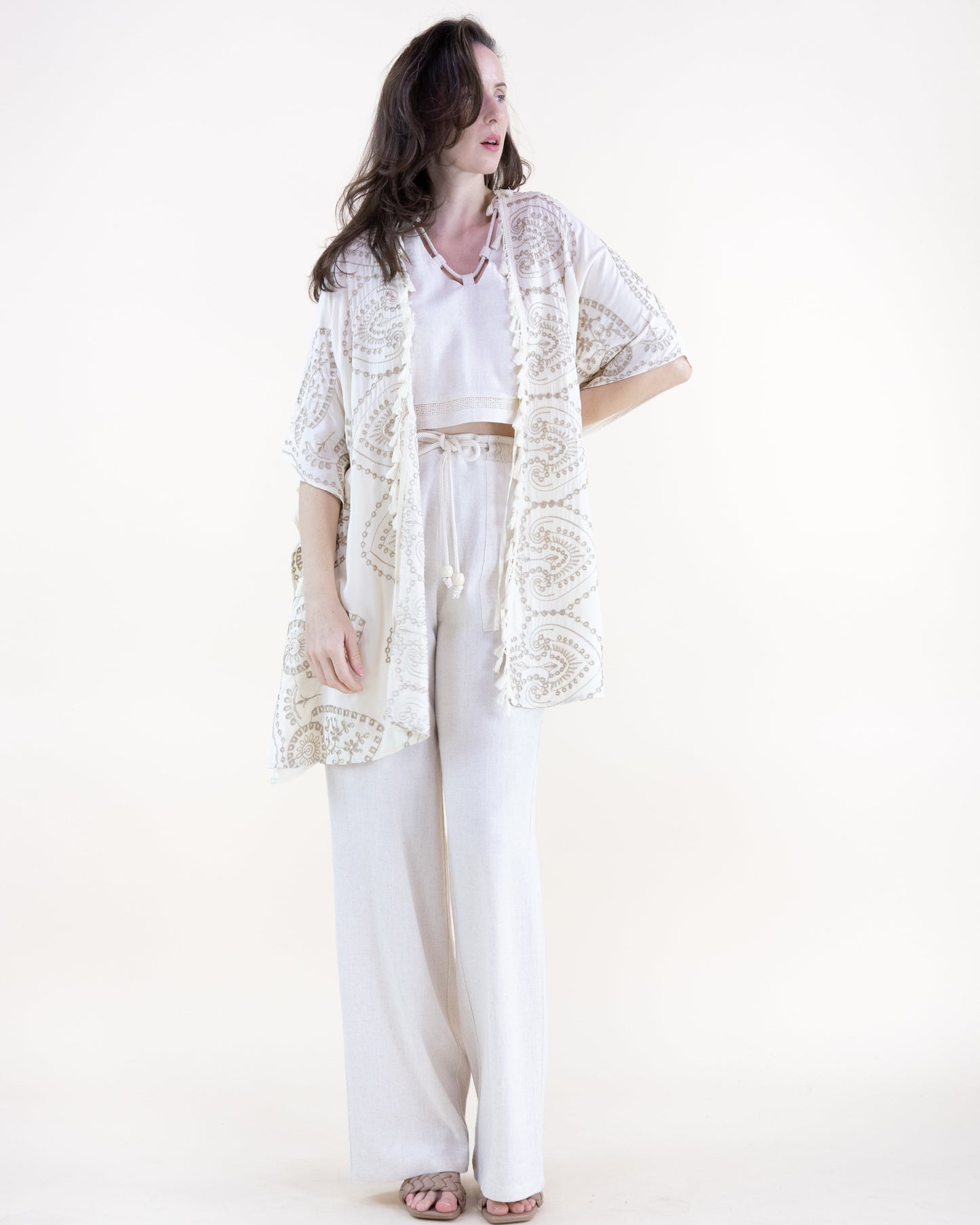 Royal Damask Embroidered Tassel Trim Front Tie Kimono