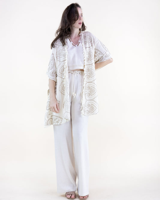 Royal Damask Embroidered Tassel Trim Front Tie Kimono