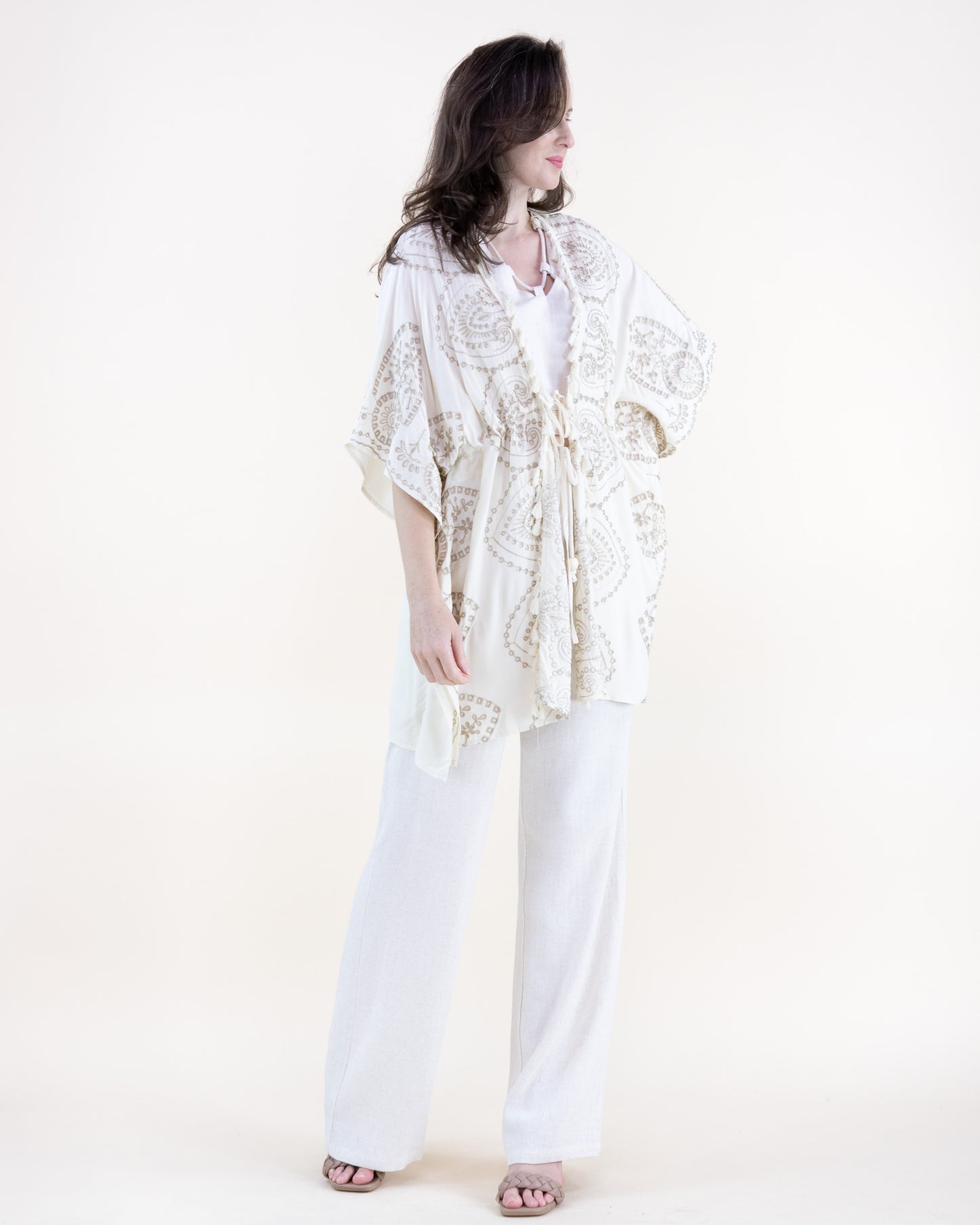Royal Damask Embroidered Tassel Trim Front Tie Kimono