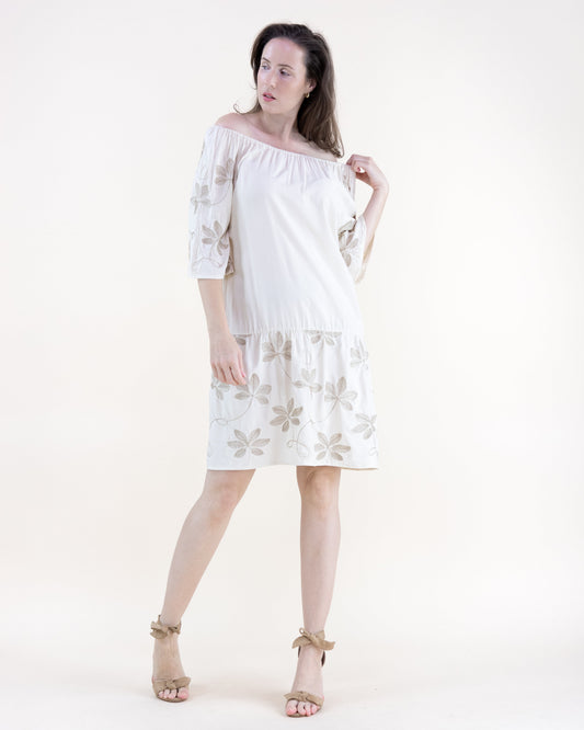 Dancing Floral Embroidered Drop Waist Mini Dress