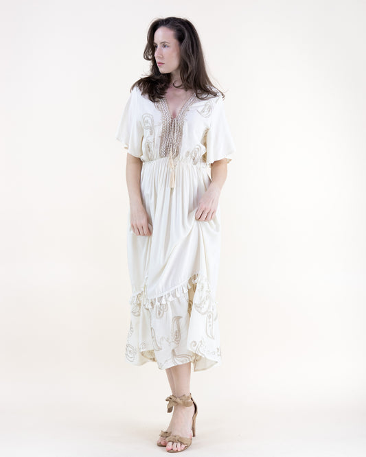 Boho Dancing Paisley Embroidered Front Tie V-Neck Midi Dress