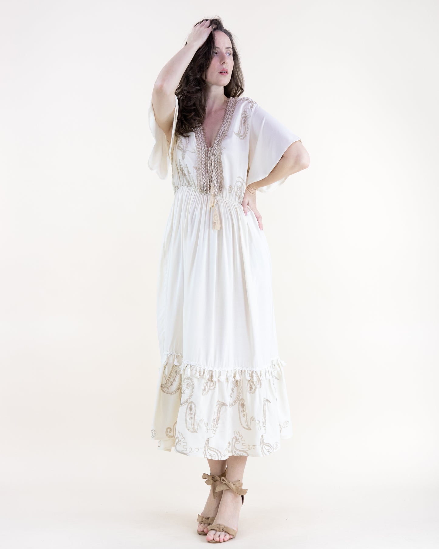 Boho Dancing Paisley Embroidered Front Tie V-Neck Midi Dress