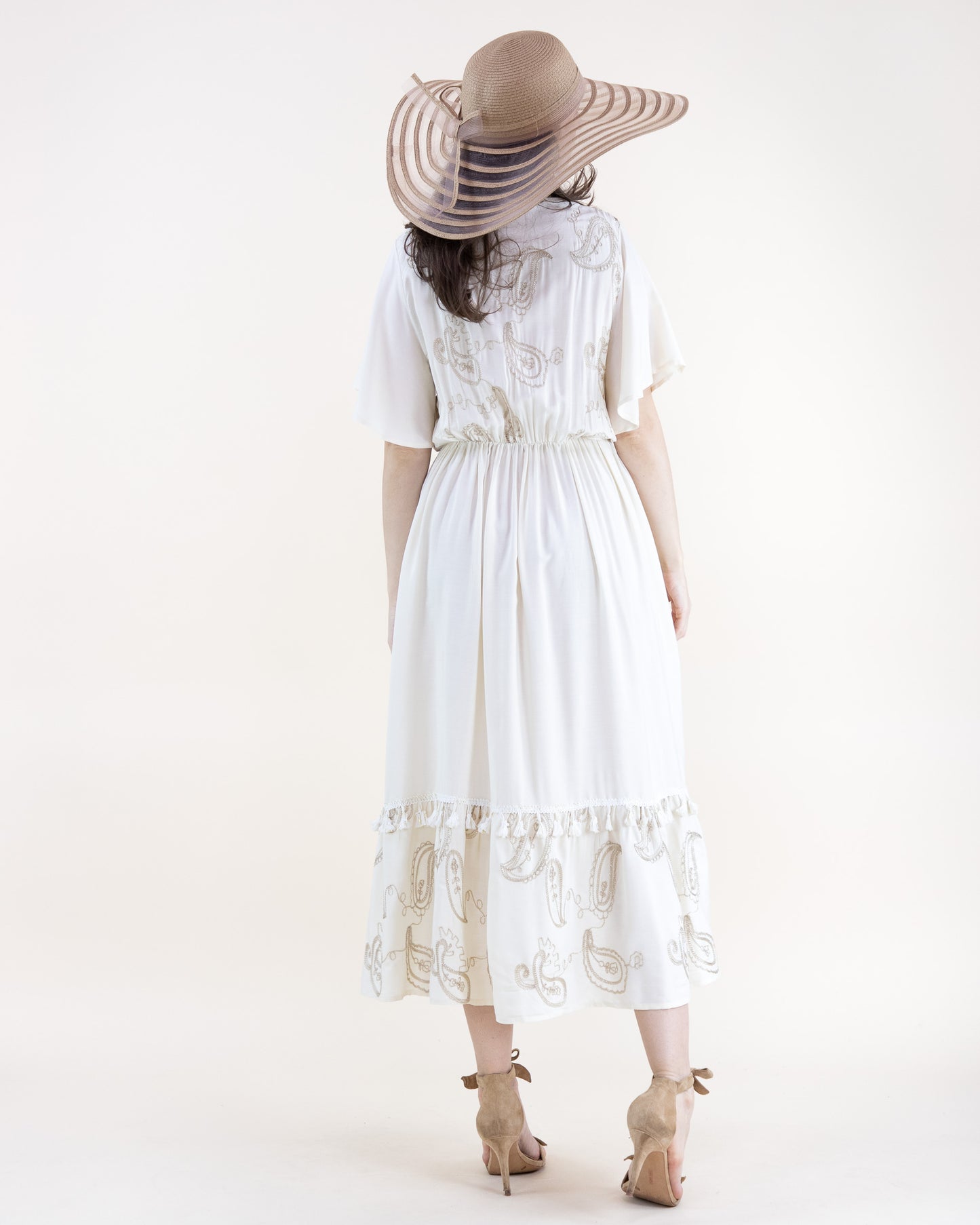 Boho Dancing Paisley Embroidered Front Tie V-Neck Midi Dress