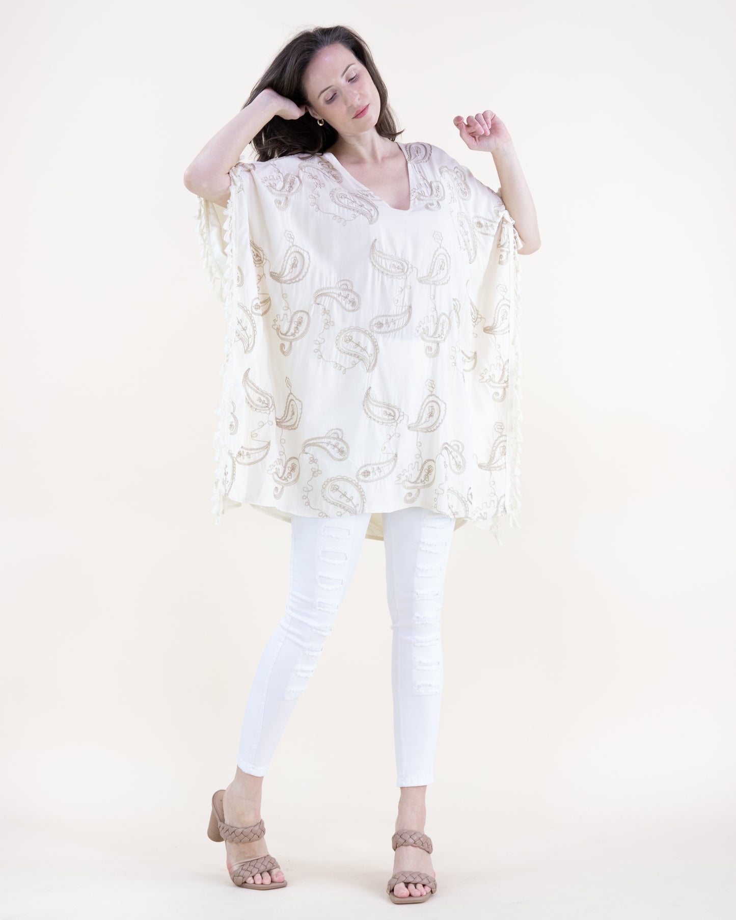 Boho Dancing Paisley Embroidered Tassel Trim Kaftan
