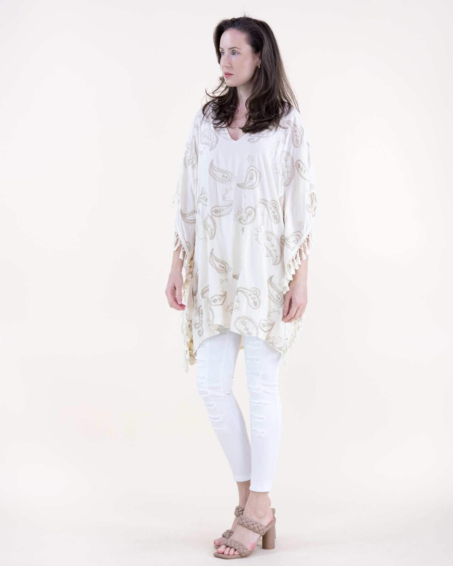 Boho Dancing Paisley Embroidered Tassel Trim Kaftan