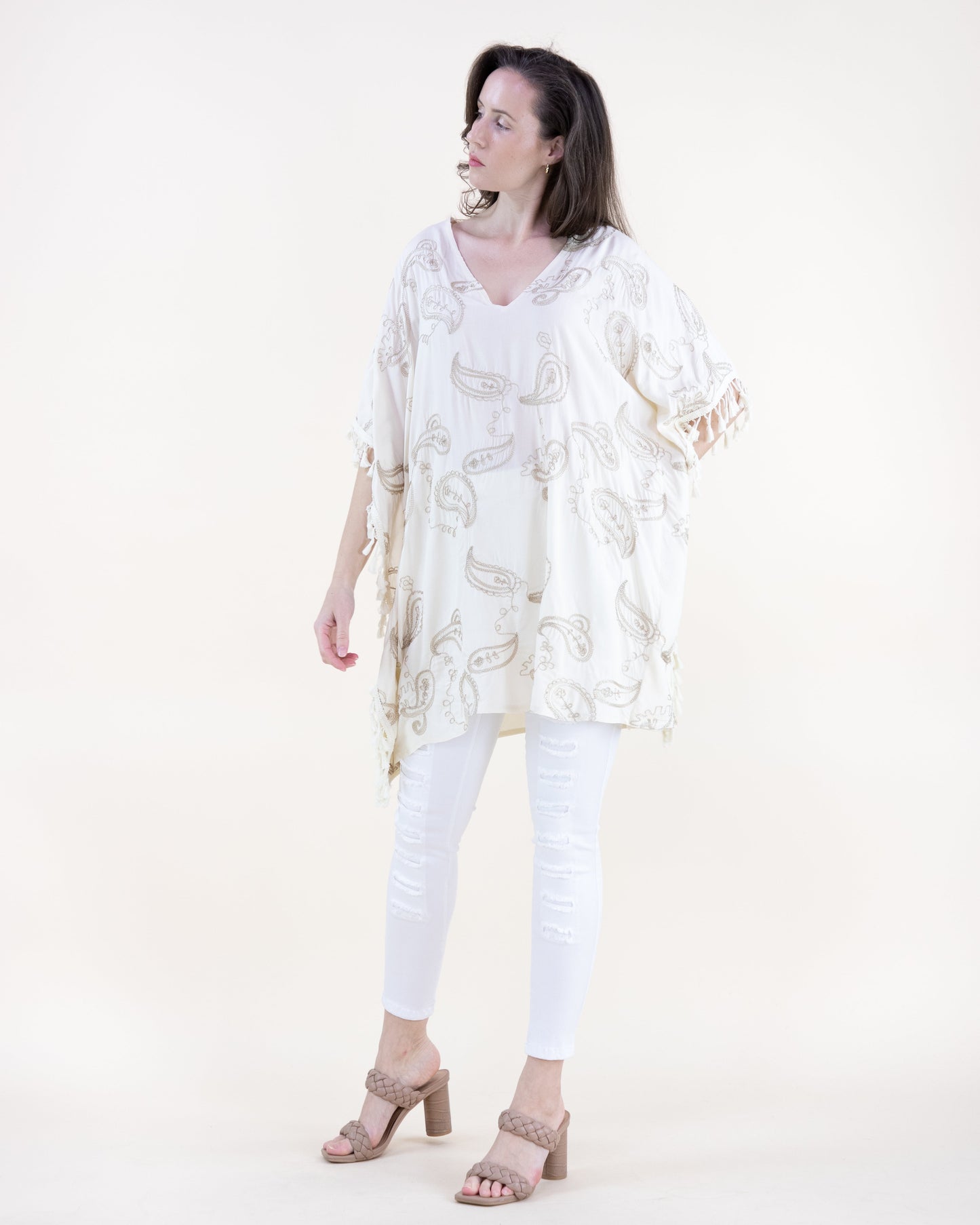 Boho Dancing Paisley Embroidered Tassel Trim Kaftan