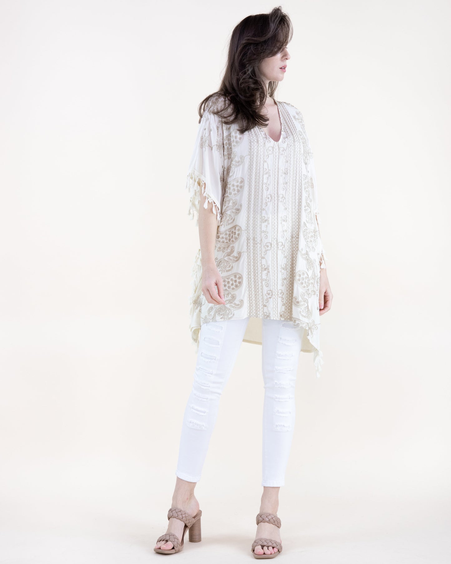 Vineyard Paisley Embroidered Tassel Trim Kaftan